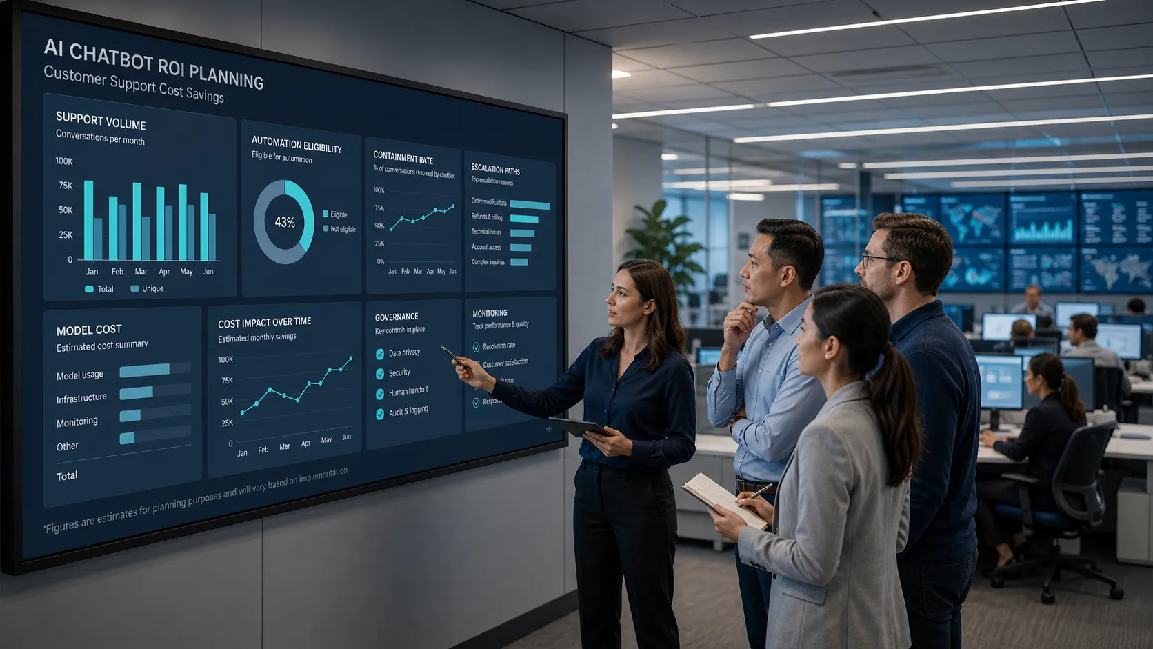AI chatbot ROI framework showing support volume, automation eligibility, containment, escalation, model cost, and governance controls