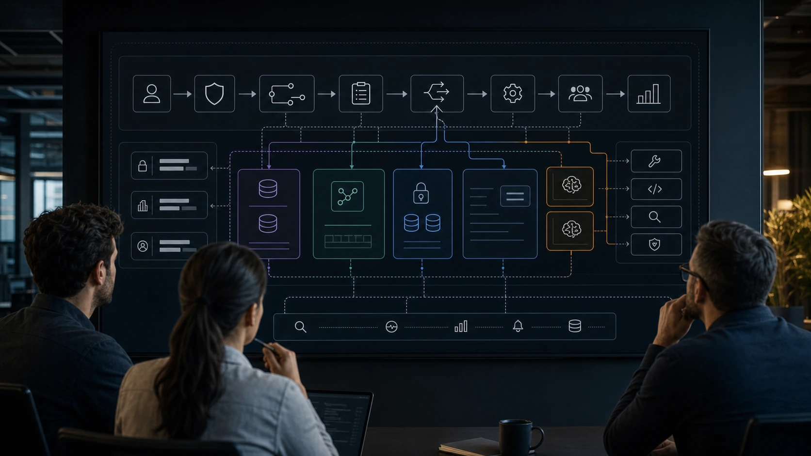 AI operating layer architecture for routing prompts across models, RAG systems, tools, policies, and monitoring.