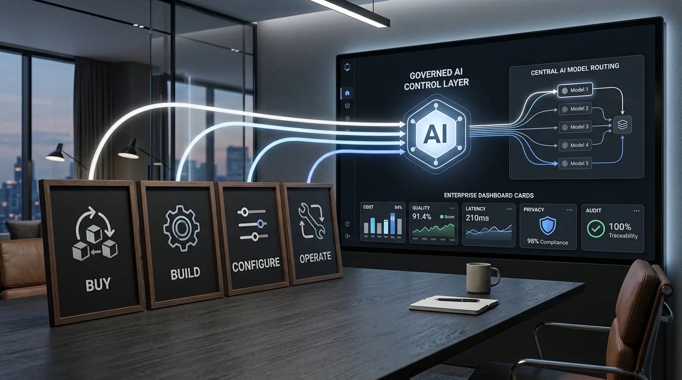 Custom AI and off-the-shelf AI compared through a governed enterprise AI operating layer.