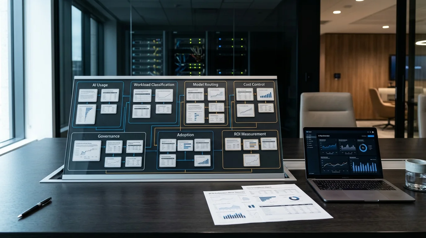 Enterprise AI ROI operating layer showing cost, quality, routing, governance, and adoption signals