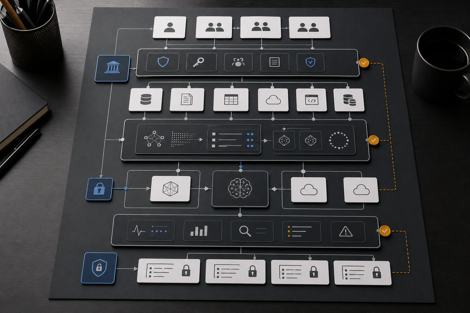 Enterprise on-prem AI architecture stack with access control, policy, retrieval, model routing, observability, and audit layers.