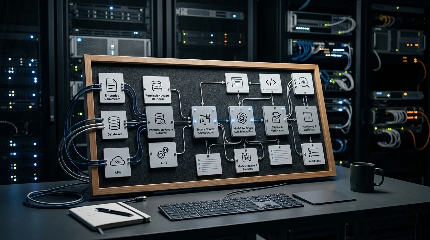 Enterprise RAG architecture with governed retrieval, model routing, secure context, and audit controls.