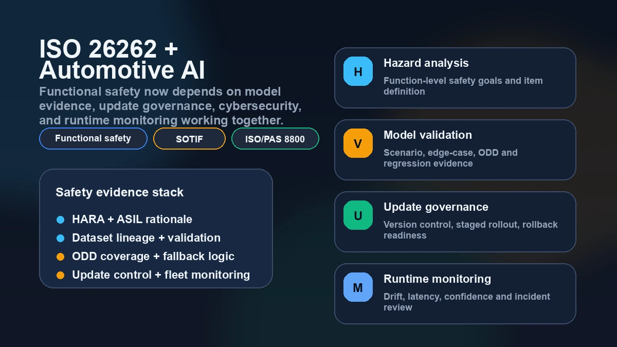 Automotive AI safety architecture board showing ISO 26262, SOTIF, AI model monitoring, and software update governance.