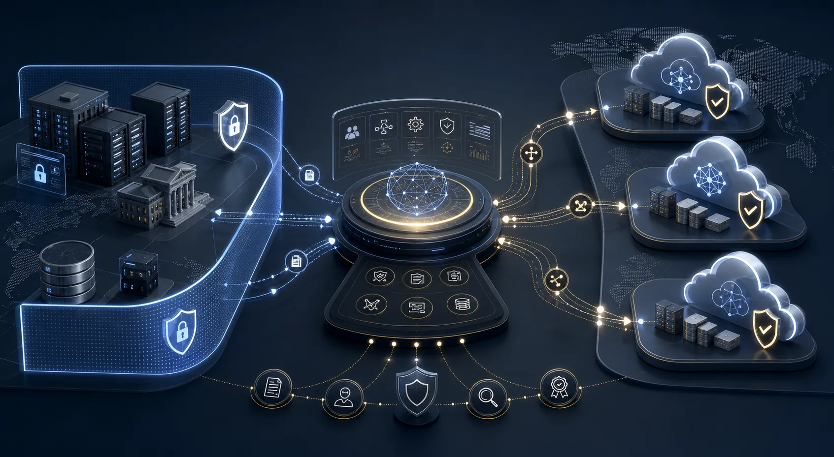 Hybrid AI deployment with private model infrastructure, cloud AI platforms, and a governed routing layer.