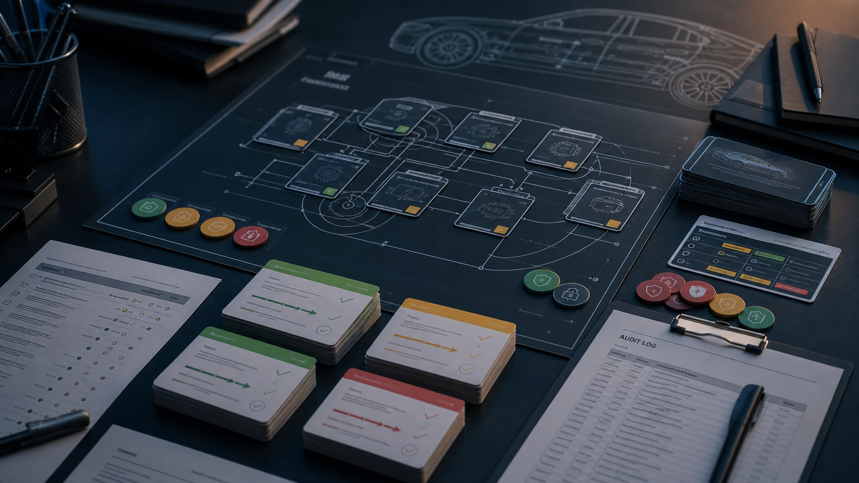 Automotive AI governance workspace showing vehicle software, cybersecurity, model updates, and audit controls
