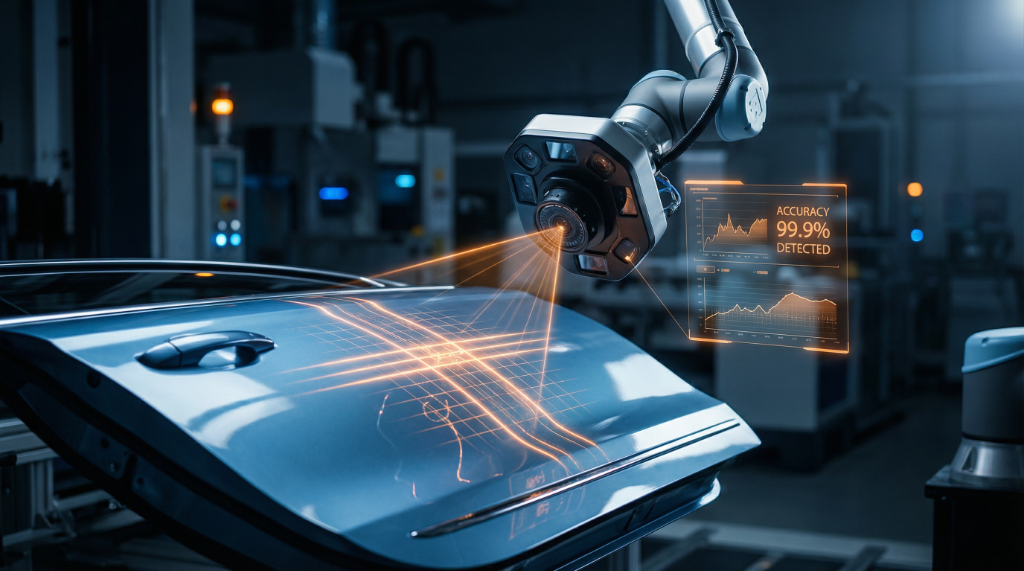 Automotive AI Solutions - ISO 26262-compliant platform for manufacturing showing quality inspection, predictive maintenance, and production optimization