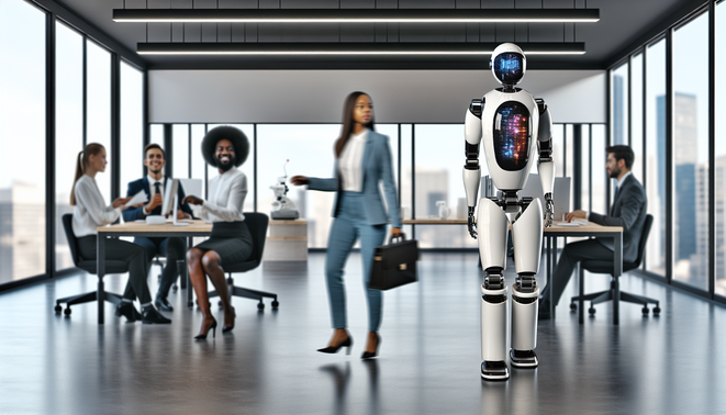 Exploring AI's Potential: Opportunity or Impending Threat? 9 alt_text: Humanoid robot collaborates with diverse people in a sleek, modern office environment