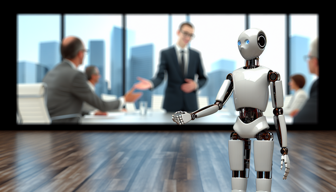 Navigating AI's Dual Nature: Opportunities and Threats for Businesses 8 alt_text: AI humanoid robot offering a handshake in a sleek, modern corporate office setting