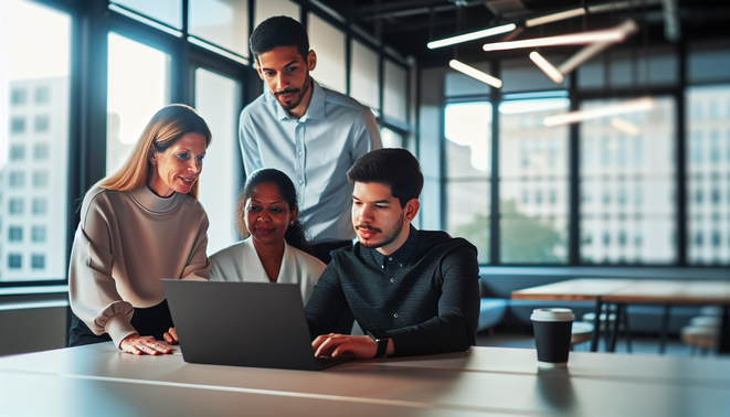 Emerging Trends Shaping the Future of AI Startups Today 15 alt_text: AI startup team collaborating over a laptop in a sleek, naturally lit office space