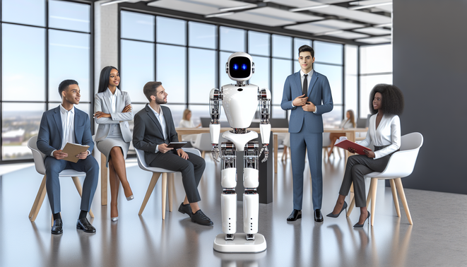 Revolutionizing Business Efficiency with AI-Powered Process Automation 6 alt_text: AI robot collaborating with business team in sleek, modern office with natural lighting
