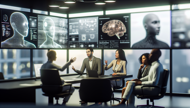 AI Hype vs. Reality: Strategies for Real Results with AgenixHub 4 alt_text: Diverse business team brainstorming AI solutions in sleek, modern office with soft lighting