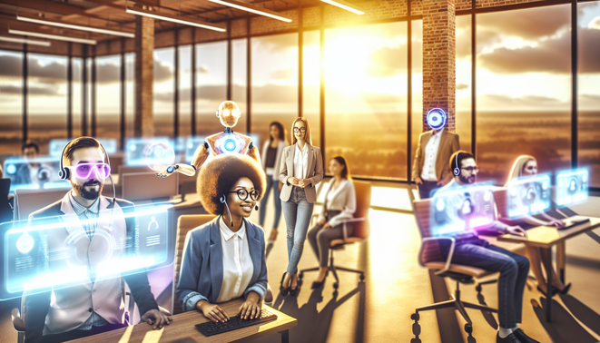 Revolutionizing Customer Service: The Impact of AI and ML Technologies 13 alt_text: Modern office with natural light showcasing AI tools enhancing customer service teamwork.