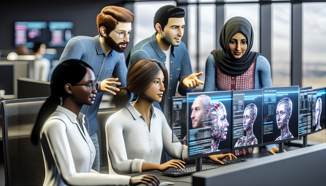 Navigating the Booming Landscape of AI Service Companies 11 alt_text: Diverse AI developers collaborate over digital interface in modern tech office setting.